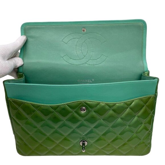Authentic CHANEL CC Jumbo Patent Leather Classic Double Flap Bag Green Purse - Picture 14 of 16